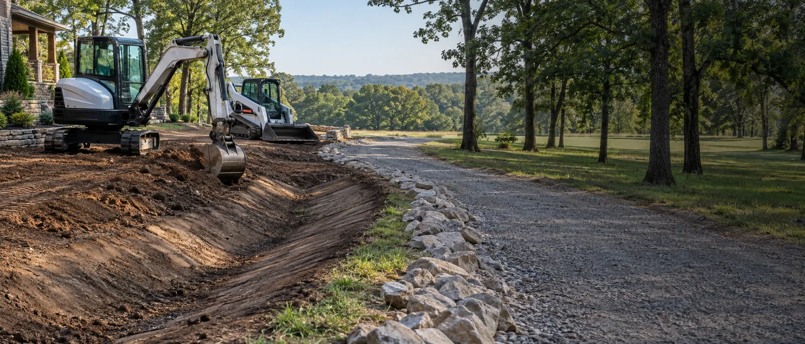 Gravel driveway with a rock-lined drainage edge